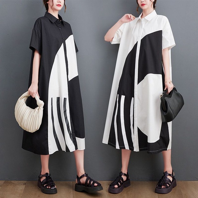 GRAPHIC PRINT SHIRT COLLAR LOOSE LONG DRESS M-17278