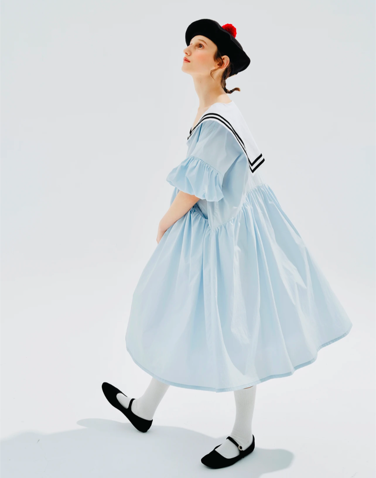 ワンピース momoni imakokoni ブルーデザインライン襟付きオリジナルワンピース