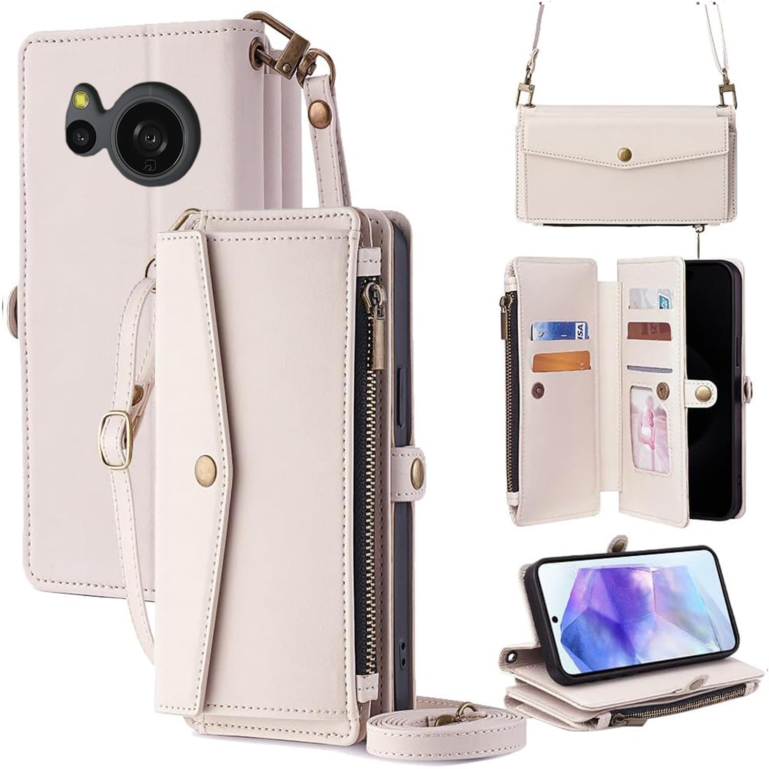 For AQUOS Sense 8 ケース 財布型 For アクオス センス8 SH-54D/SHG11 手帳型 ショルダー ストラップ長+短2本 5枚カード収納 1枚の写真収納スタンド機能 1枚の現金収納 1つのジッパーポケット 防落・防コケ・防ひび PUレザー プレゼント COCOCLOUD オフホワイト