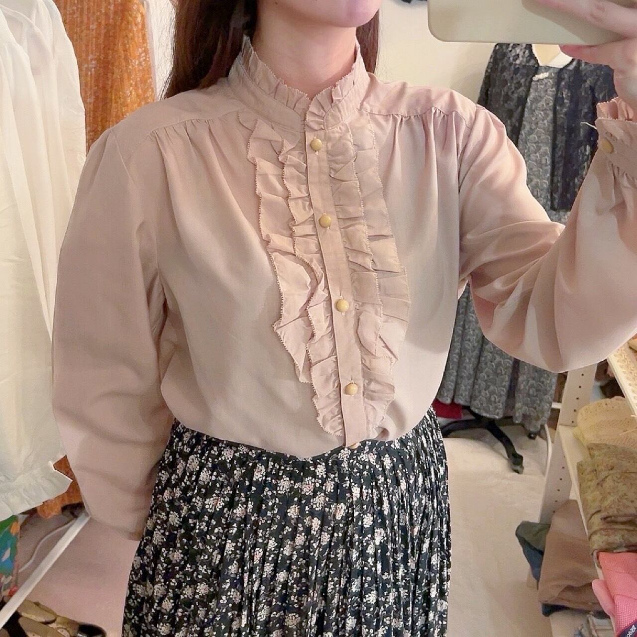 beige frill stand collar blouse