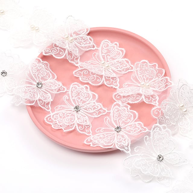 Q1077 蝶刺繍パーツ 蝶モチーフ パール装飾 ラインストーン装飾