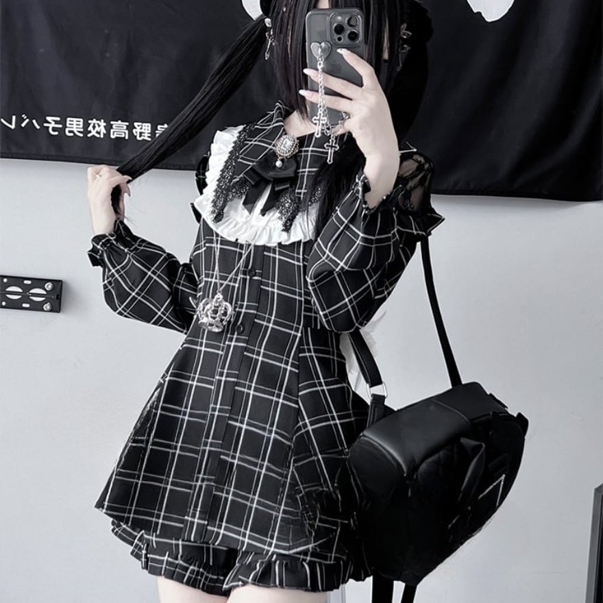 地雷系 3点セット ワンピース×パンツ×ネックリボン Y2K｜WithU