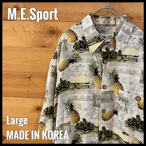 【M.E.SPORT】韓国製 アロハシャツ 半袖 パイナップル エアメール 総柄 レーヨン 柄シャツ Lサイズ US古着 アメリカ古着