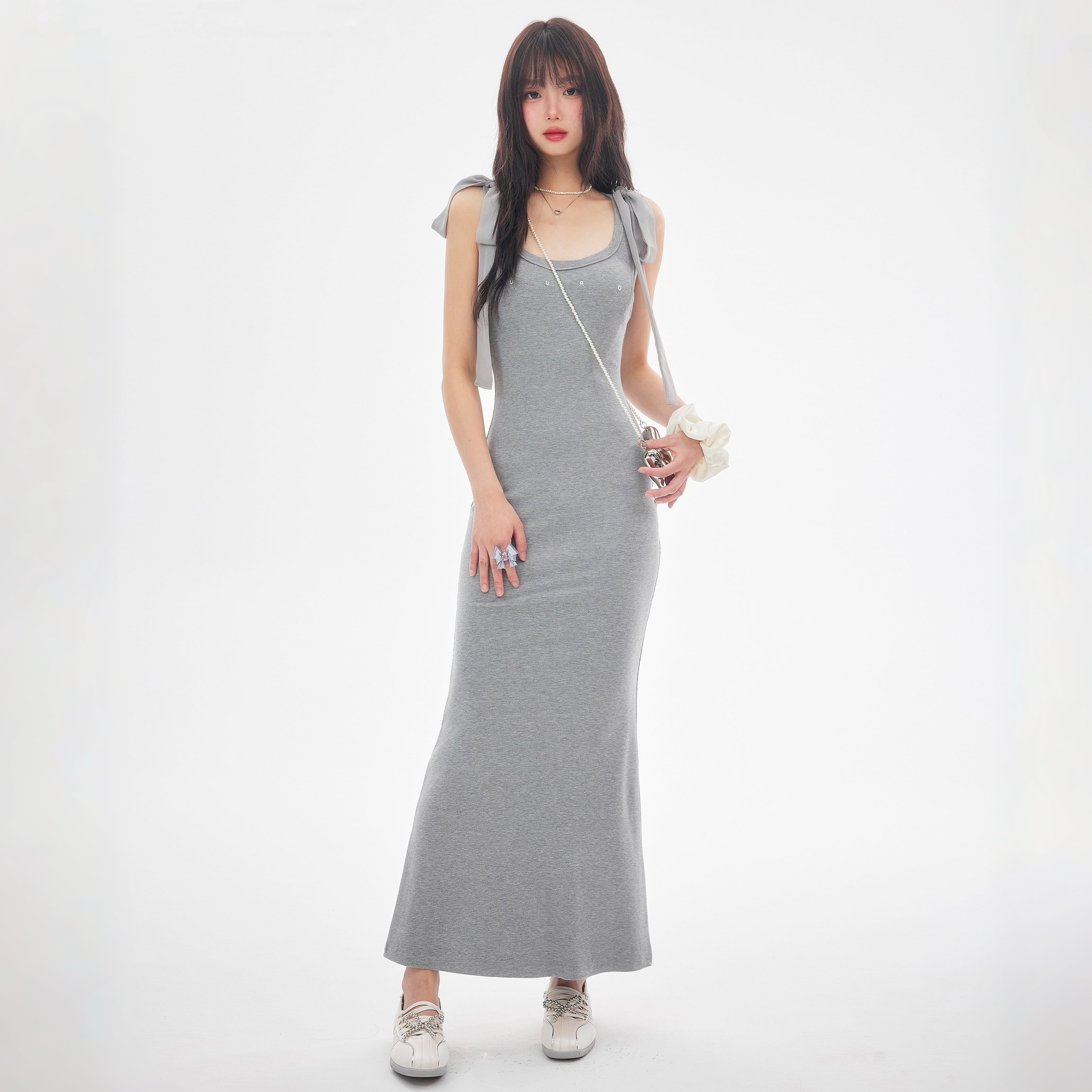 【dress】ショルダーリボンシェイプリブカットロングワンピース N3520