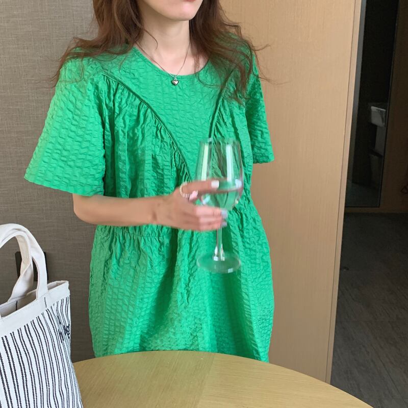 プリーツAラインロングスカート サマールーズ薄手ラウンドネックドレス 夏物 Oネック ステッチ ビッグFスモールZ韓国70177130458