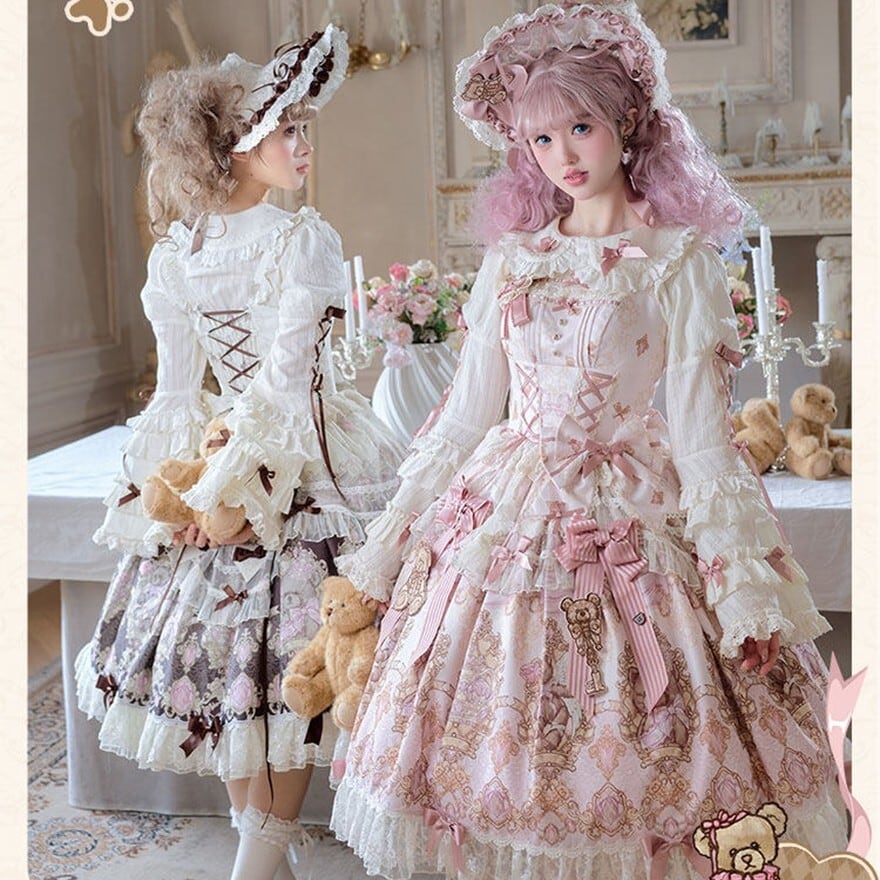 甘ロリ｜テディベア柄フリルJSK（ピンク・ブラウン）お茶会向け