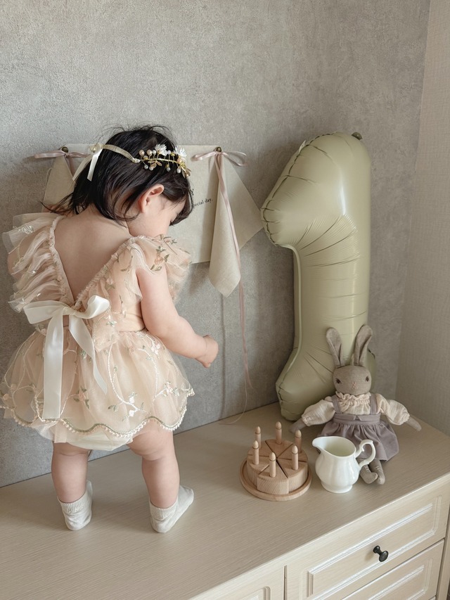 即納outlet品  flower tulle rompers  beige70サイズ