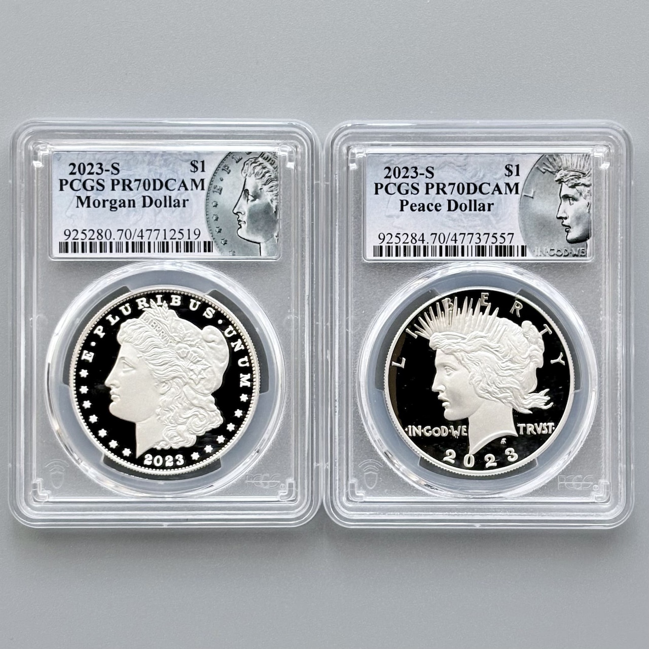 【2枚組 最高鑑定】2023年 S モルガンダラー&ピースダラー 1ドル 銀貨 PCGS PR70DCAM リバティ 自由の女神 PF70 #184