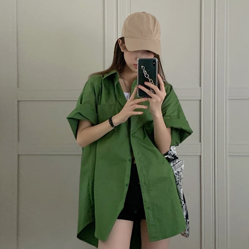 グリーンシャツ レディース夏服スタンダードスタイルルーズ レトロ