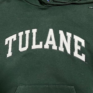 champion カレッジ パーカー テュレーン大学 TULANE アーチロゴ カレッジロゴ プリント プルオーバー スウェット フーディー チャンピオン S ディープグリーン us古着