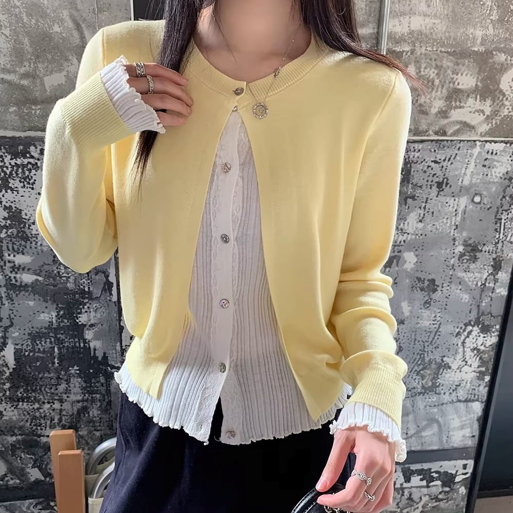 長袖 フリル裾 クロップド カーディガン