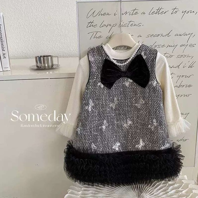 【KIDS】【90-130cm】ニットセットバッグリボンボリュームチュールワンピース
