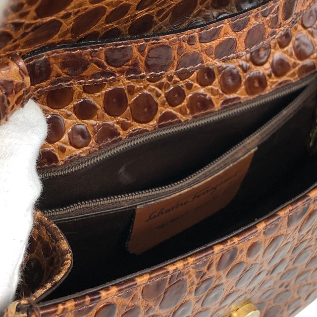 Salvatore Ferragamo サルヴァトーレ フェラガモ ショルダーバッグ ブラウン ヴァイオリン クロコ型押し vintage ヴィンテージ オールド 3nujzn