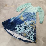 フラダンス 衣装 FANCY DRESS ファンシードレス ワンピース ドレス ブルー系 植物柄 ヤシの木 チュール袖 ハワイアンプリント ハワイアン アロハ フラ ダンス レッスン 練習 長袖 フレアスカート 水色 紺 白 黄 ネイビー系 ホワイト系 イエロー系 華やか さわやか かわいい おしゃれ 上品 大人っぽい