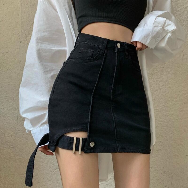 スカート ハイウェストウェストショートサマーブラックAライン 夏物 YY-ファッション92089299426