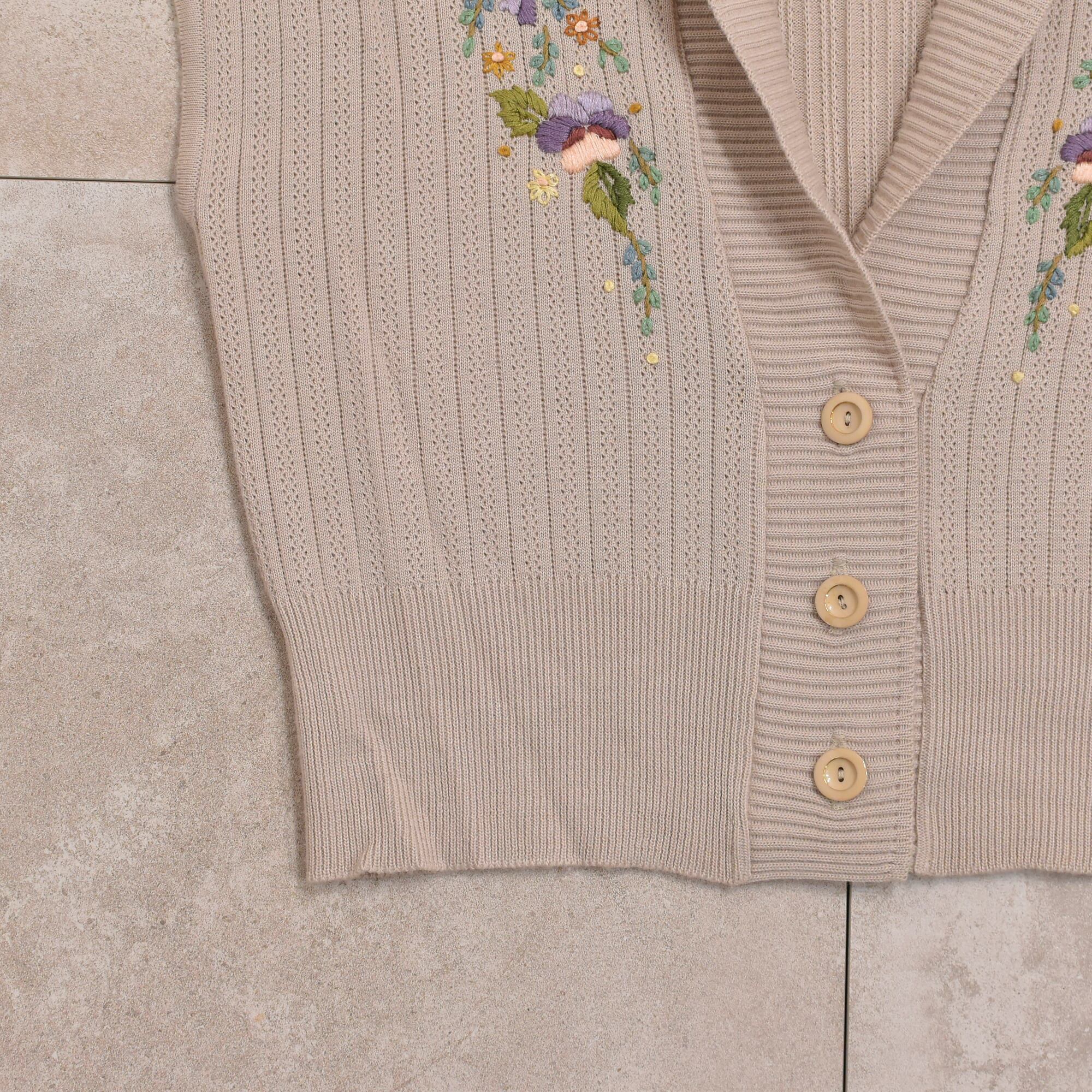 80～90s Flower embroidery rib knit sleeveless cardigan Jp vtg