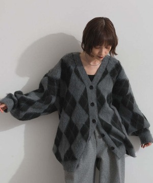 HD2510045 シャギーアーガイルVネックカーディガン gray
