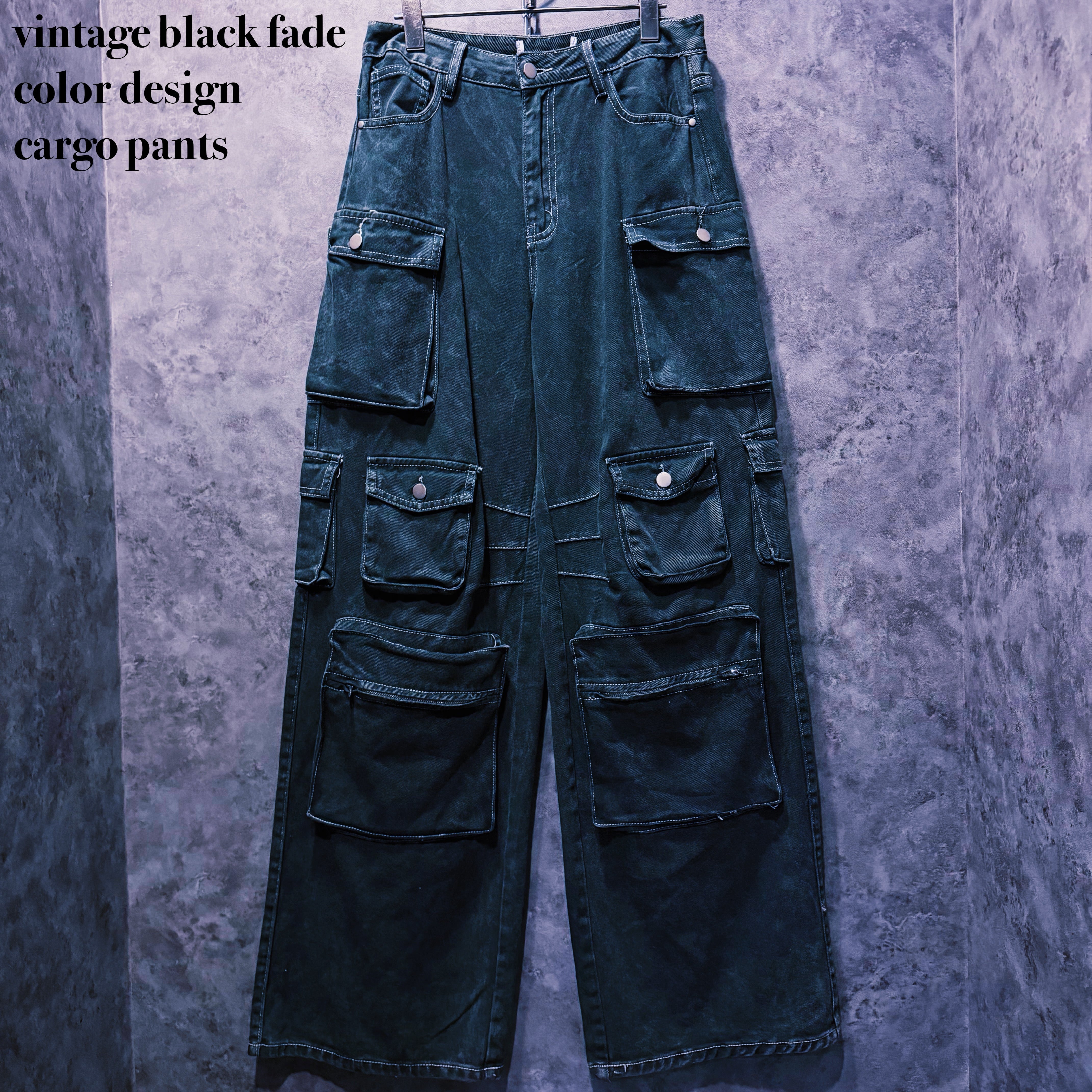 【doppio】vintage black fade color design cargo pants