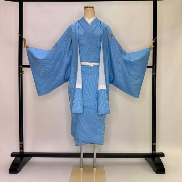 男紋付 男着物 紋付 ポリエステル 羽織 長着 裄73cm L size 水色 五つ紋 中古 成人式 舞台衣装  5430