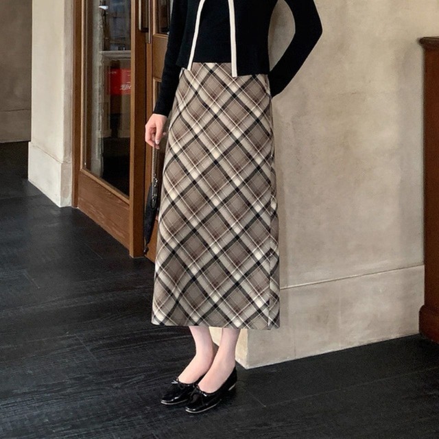 エレガントチェック柄タイトロングスカート　W00253