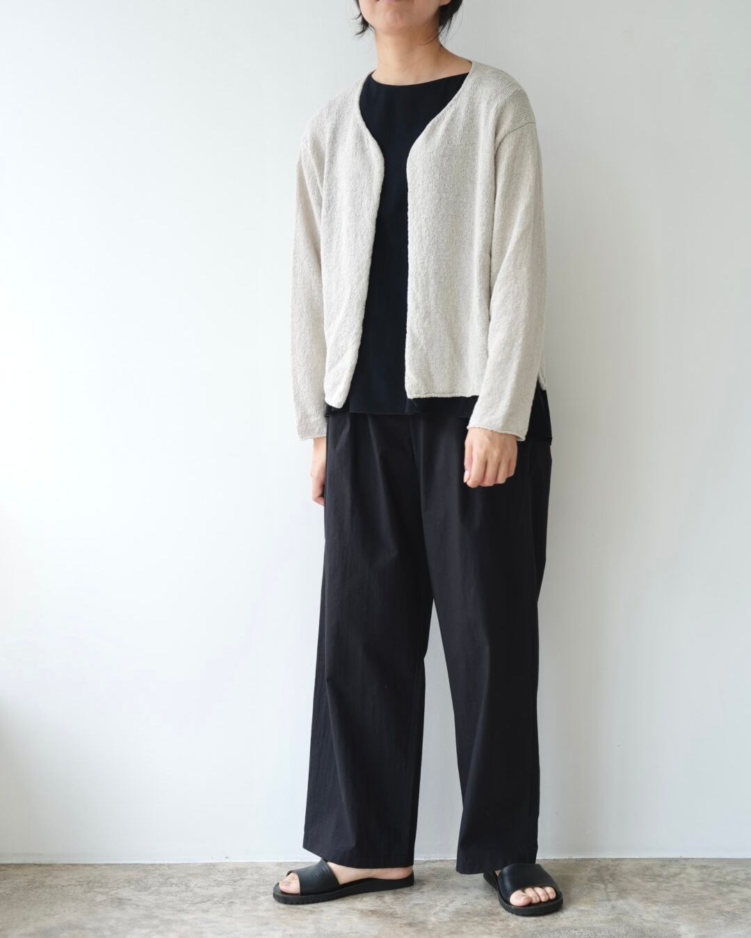 evam eva vie リネン100% ロングコート カーディガン ブラック evamevaコットンリネンカーディガン | Vie