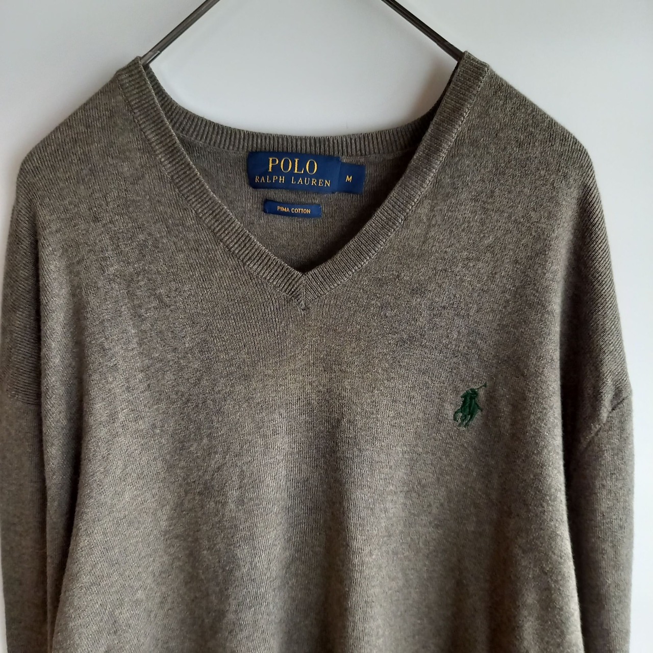 ポロラルフローレン　Vネック　ピマコットン　セーター　刺繍ロゴ　グレー　M