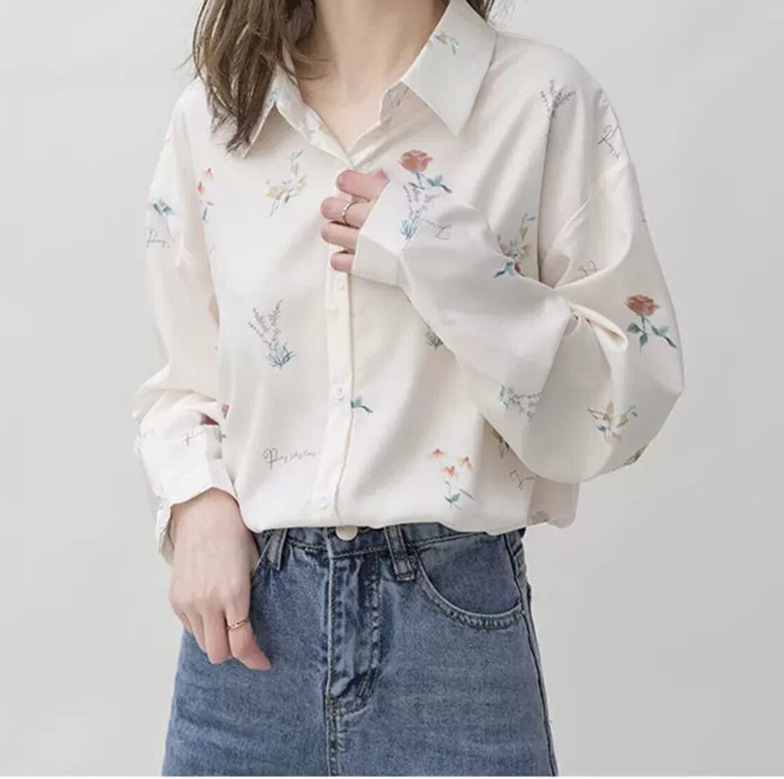 トップス シャツ 白シャツ 柄シャツ 柄シャツ 花柄 袖あり 長袖 襟付き 