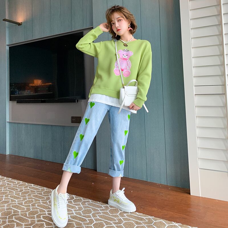 プリントツーピース スウェット ジーンズ セット レッド 刺繍 MIUCO33020494432