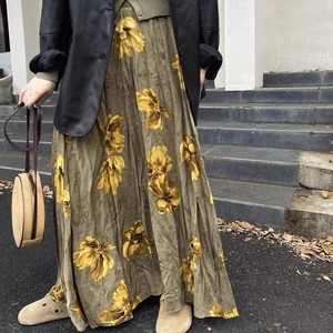 FLOWER PRINT A-LINE WRINKLED MAXI DESIGN SKIRT 1color M-16131