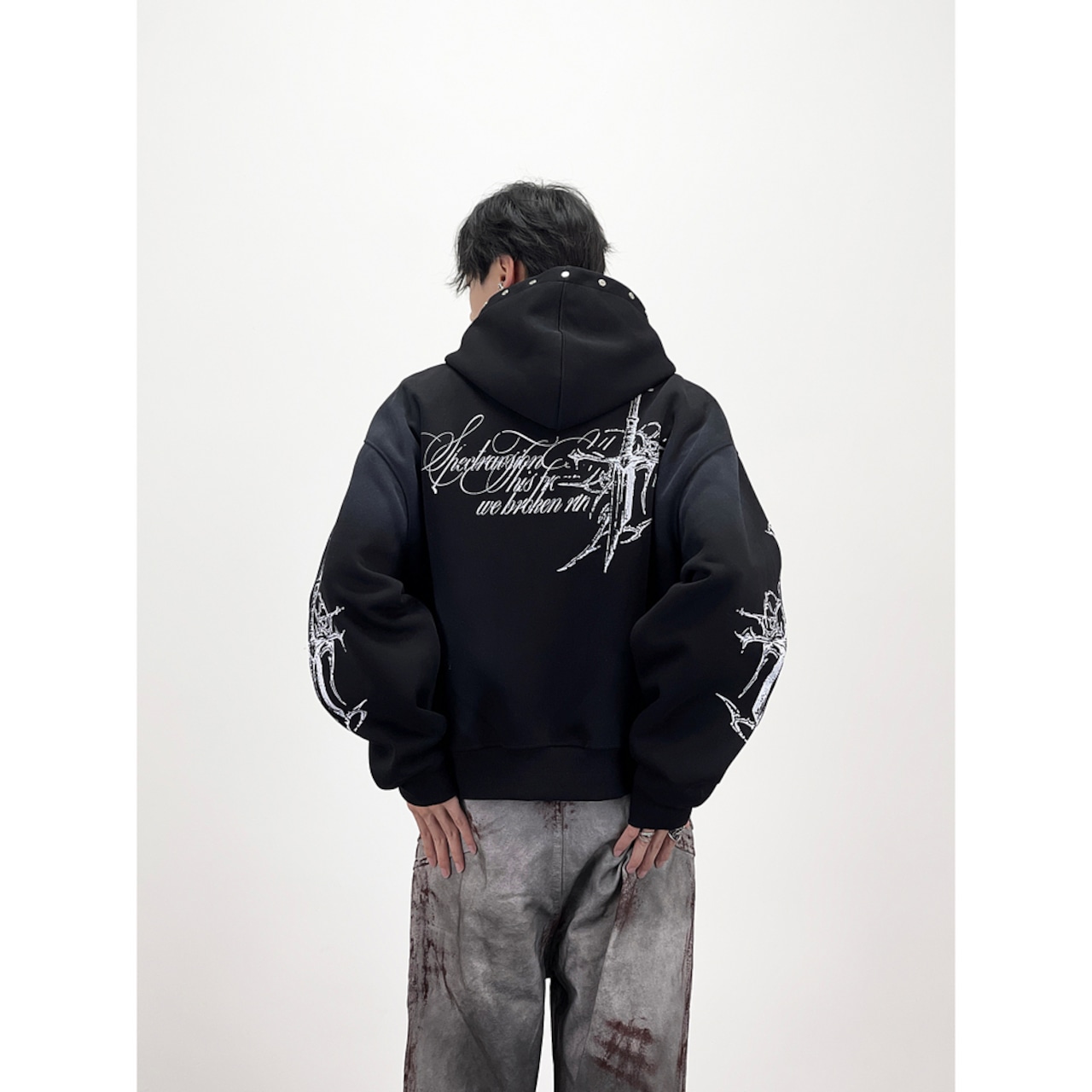 VINTAGE ストリート 汚れ加工クロス ジップパーカー T1854