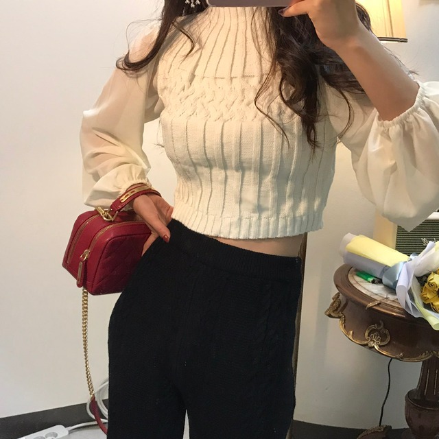 ショート丈 ニット 長袖 ハイネック 袖シースルー セーター 3色 トップス 袖あり 大人可愛い きれいめ シンプル カジュアル 大人 上品 おしゃれ お洒落 大人可愛い 大人女子 ラブリー キュート ガーリー クール モード系 セクシー エレガント 白 ホワイト 黒 ブラック ベージュ 無地 冬 10代 20代 30代 40代 レディース ビジネス OL 通勤 学生 通学 デート お出かけ 女子会 休日 着回し 普段使い 重ね着 韓国 韓国系 オルチャン ファッション コーデ スタイル モテ