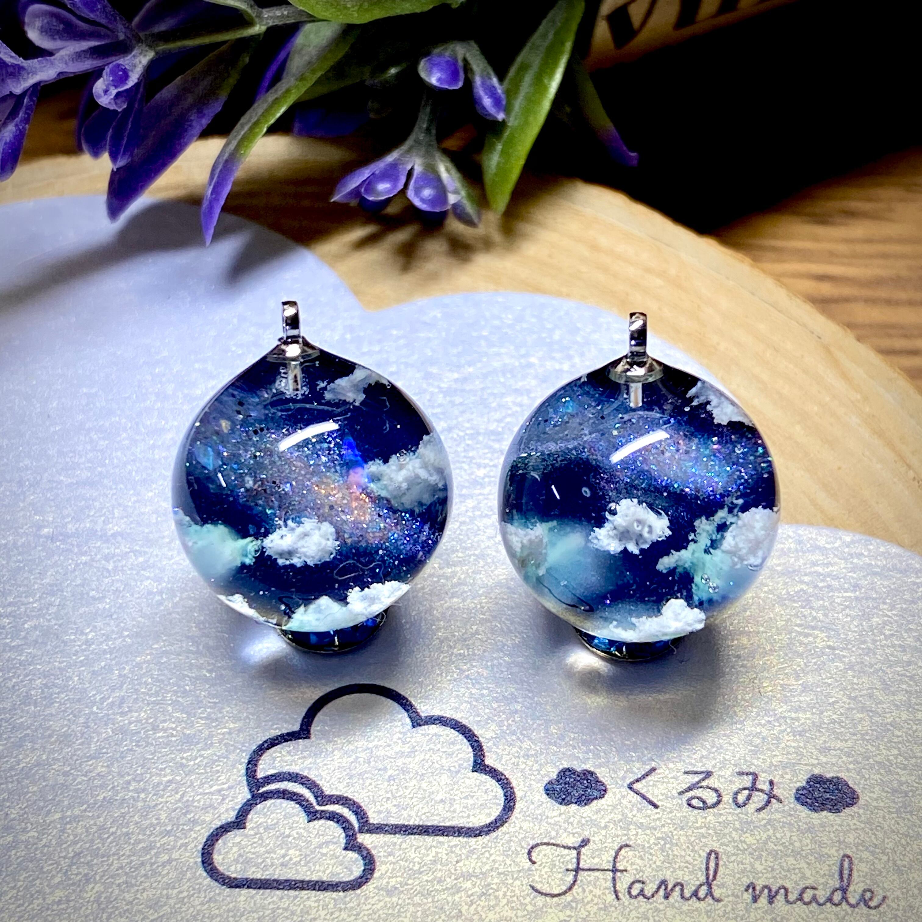 レジンピアス イヤリング 夜空と天の川 まん丸 15mm