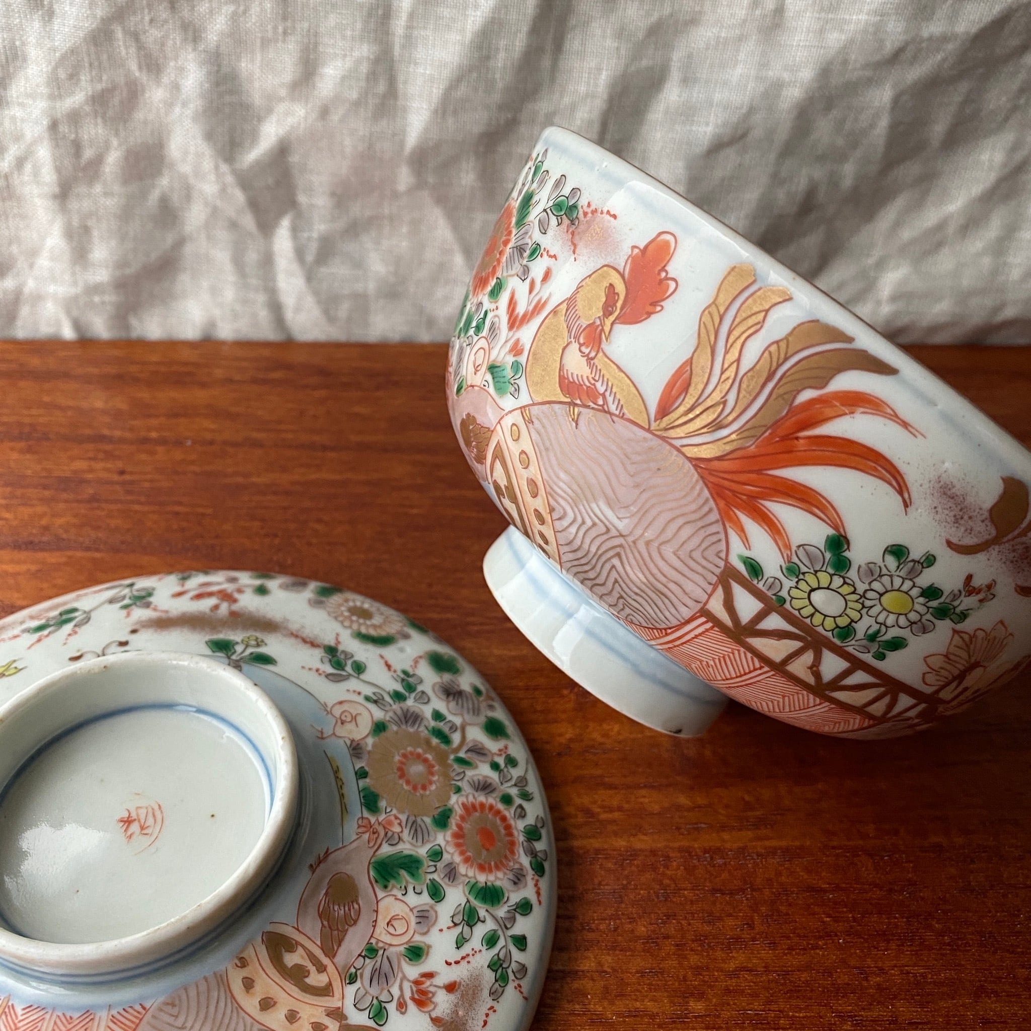 あかおかずき　茶道具　色絵鳥花文　茶碗　在銘12客まとめて　C　7605C あかおかずき様専用 茶道具 色絵鳥花文 茶碗 在銘12客まとめ
