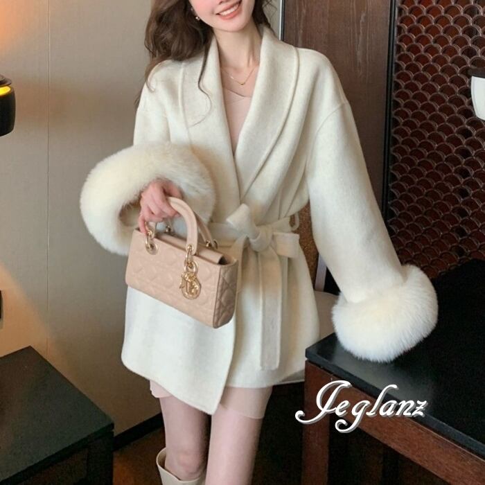 ハーフ丈 ニット コート 襟付き ボリュームファー 共ベルト 3色(MB283)τ