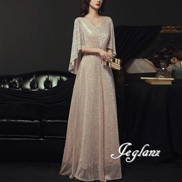 2色 パーティ イブニングドレス ボリューム袖 透け感 ラメ 光沢感 ♪(M7761)ζ