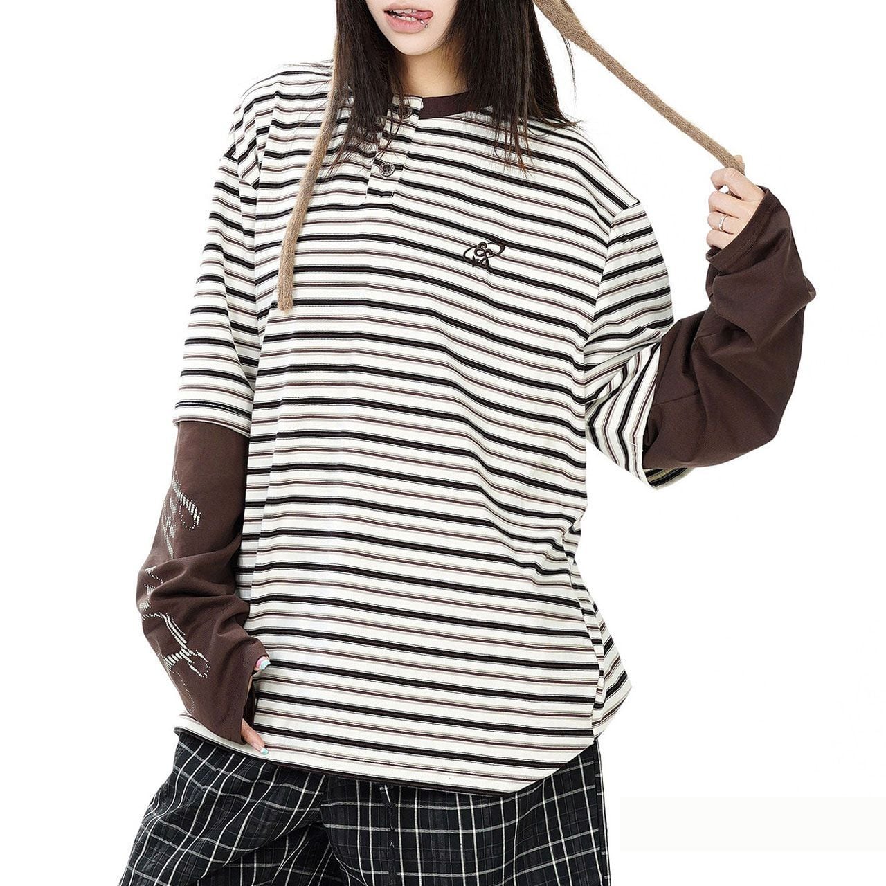 レイヤードスリーブボーダーヘンリーネックTシャツ 2col R02479