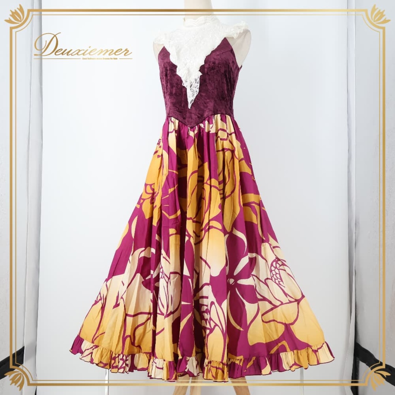 フラダンス 衣装 ALOHA STANDARDS アロハスタンダード ワンピース ドレス パープル系 ベロア レース フリル 花柄 紫 黄 白 かわいい ダンス衣装 日本製 ノースリーブ 袖なし ハワイアン アロハ おしゃれ イエロー系 ホワイト系