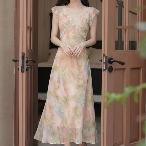 Vネックフラワーシフォンワンピース ・77274