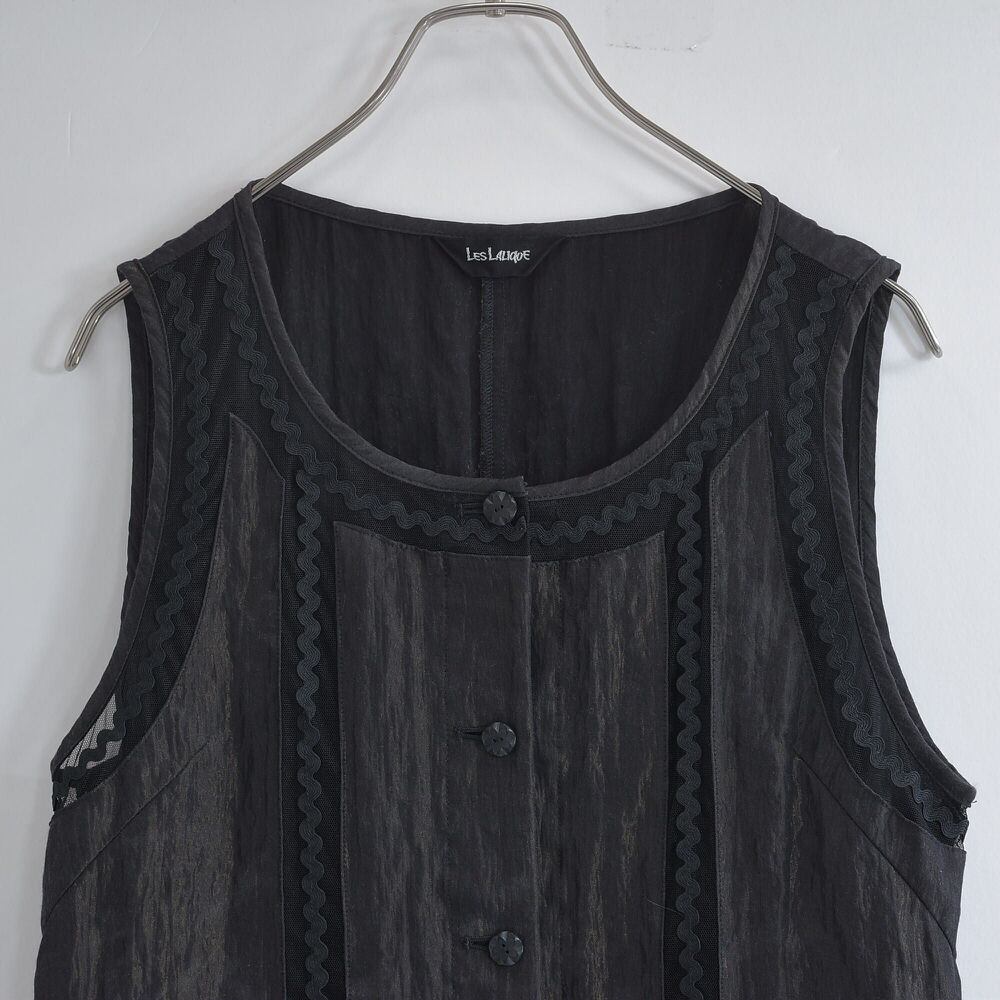 80~90s 日本製 LES LALIavE レース切替&パイピング デザイン ノースリーブ ブラウス ジャパン ヴィンテージ シャツ ビンテージ 国産古着 レディースL相当