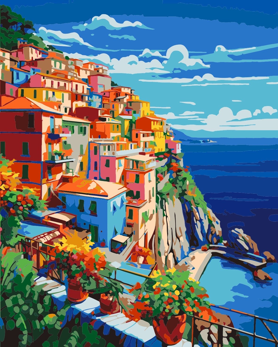 新作『崖の上のカラフルな家』アクリル絵の具で作る。数字で塗り絵