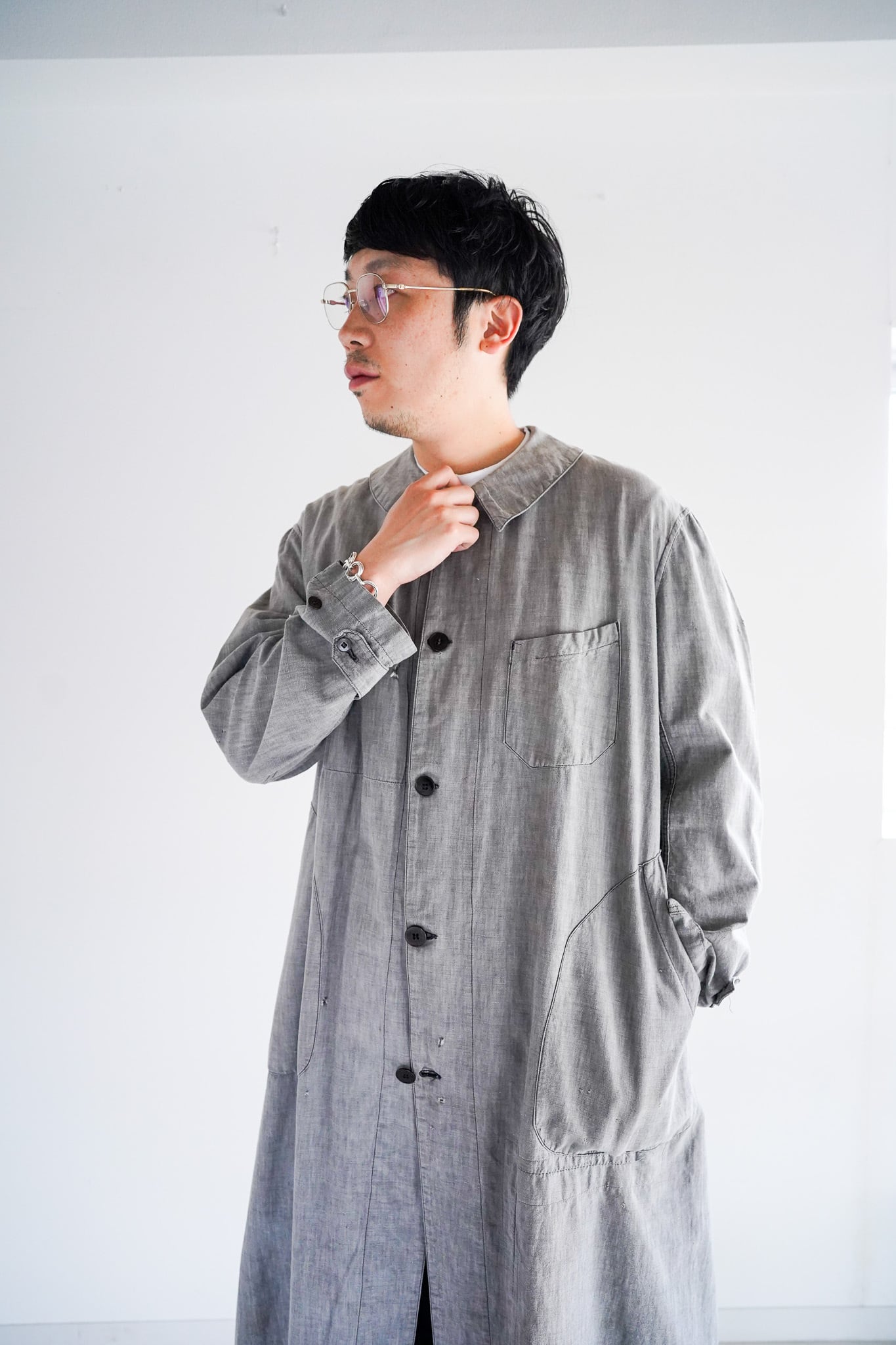 【1930s】"Light Weight Black Chambray" Round Collar Atelier Coat / 6-34