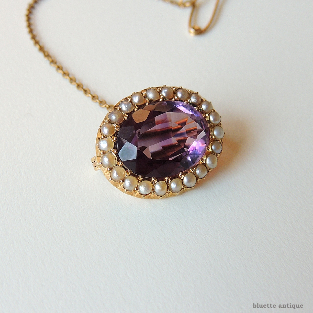 英国アンティークジュエリー 15ctゴールド 天然アメシスト 真珠 レースピン ブローチ（ソーティングメモ付）