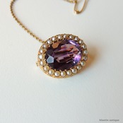 英国アンティークジュエリー 15ctゴールド 天然アメシスト 真珠 レースピン ブローチ（ソーティングメモ付）