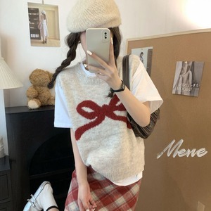ベスト ニット ジレ レディース 春秋冬 韓国 リボン柄 大人 かわいい 重ね着 おしゃれ レイヤード ゆったり 体型カバー カジュアル セーター 着痩せ 大人可愛い 大人女子