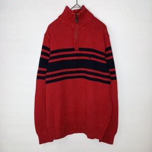 NAUTICA　ハーフジップ　ミドルゲージ　コットンニット　セーター　ボーダー　中厚手　刺繍ロゴ　レッド　S