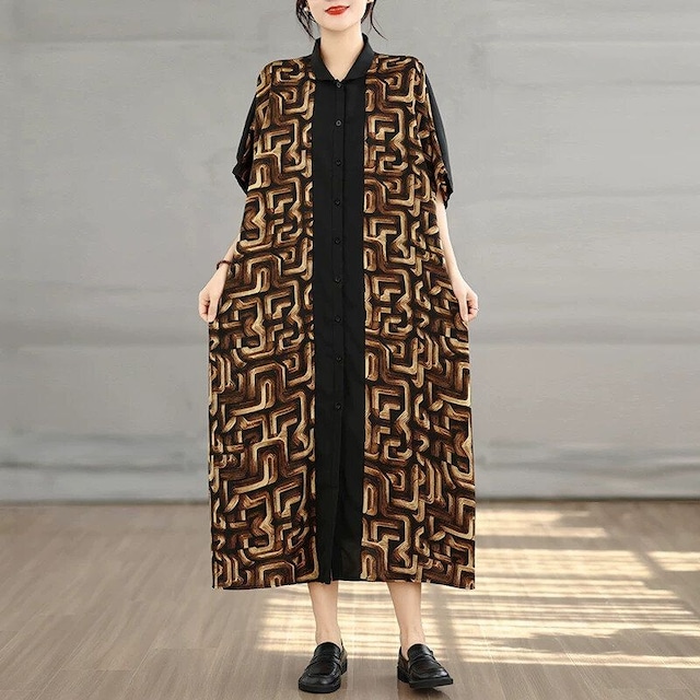 CONTRAST STITCH DESIGN HALF SLEEVES MIDI WIDE SHIRT DRESS 2colors M-16747