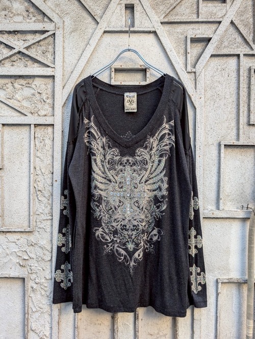 "Y2K" rhinestone cross L/S / made in USA