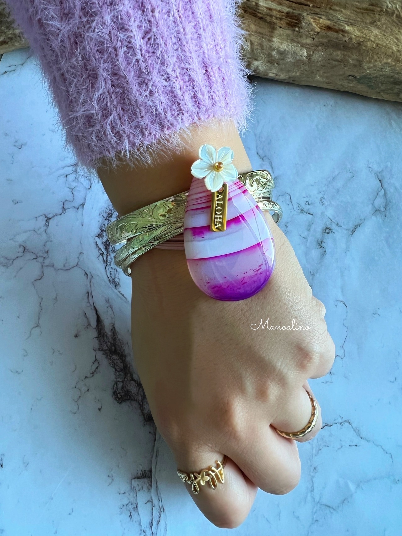 Pink agate×Plumeria hair accessory(ピンクアゲート瑪瑙天然石×プルメリアヘアゴム)