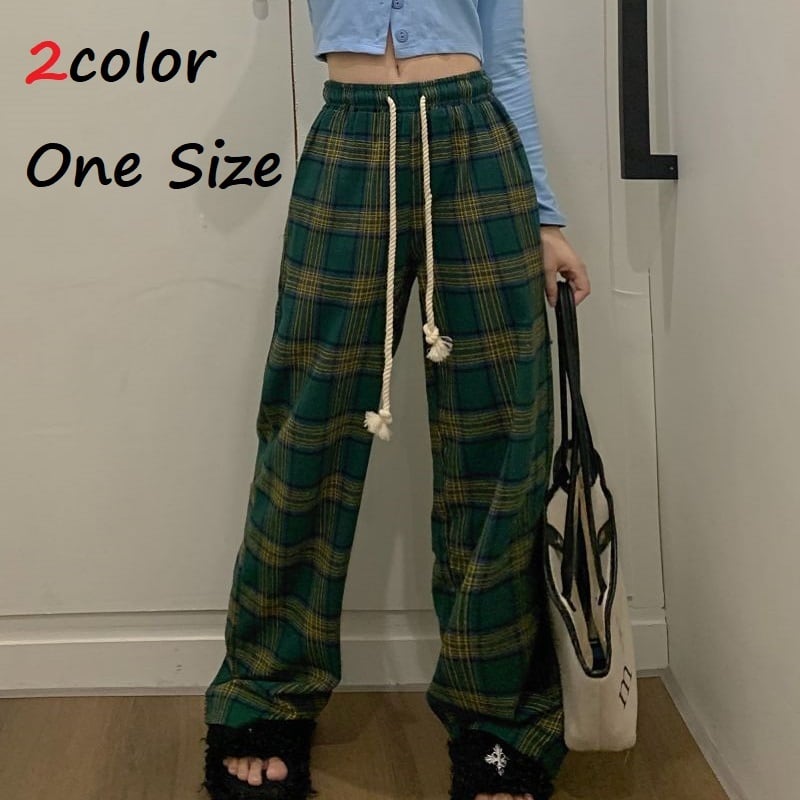 チェック柄パンツ レディース ボトムス パンツ ワイドパンツ ワイド ウエストゴム チェック 赤 緑 カジュアル 日常 デート お出かけ 10代 20代 大人 コーデ コーディネート 韓国 ファッション オルチャン お取り寄せ 送料無料 hll-0626