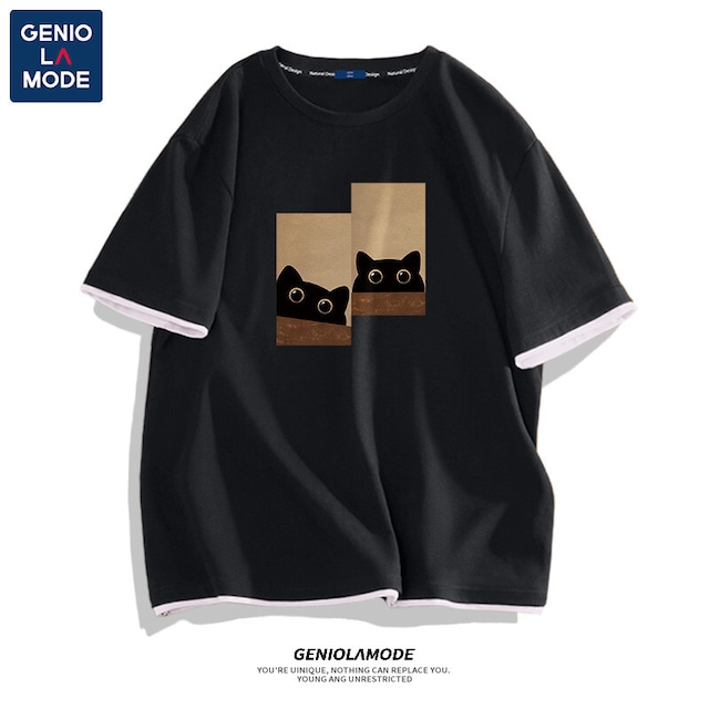 【GENIOLAMODEシリーズ】★Tシャツ★ 4color トップス 半袖 男女兼用 メンズ 大きいサイズ 猫 ねこ ネコ 猫柄 コットン